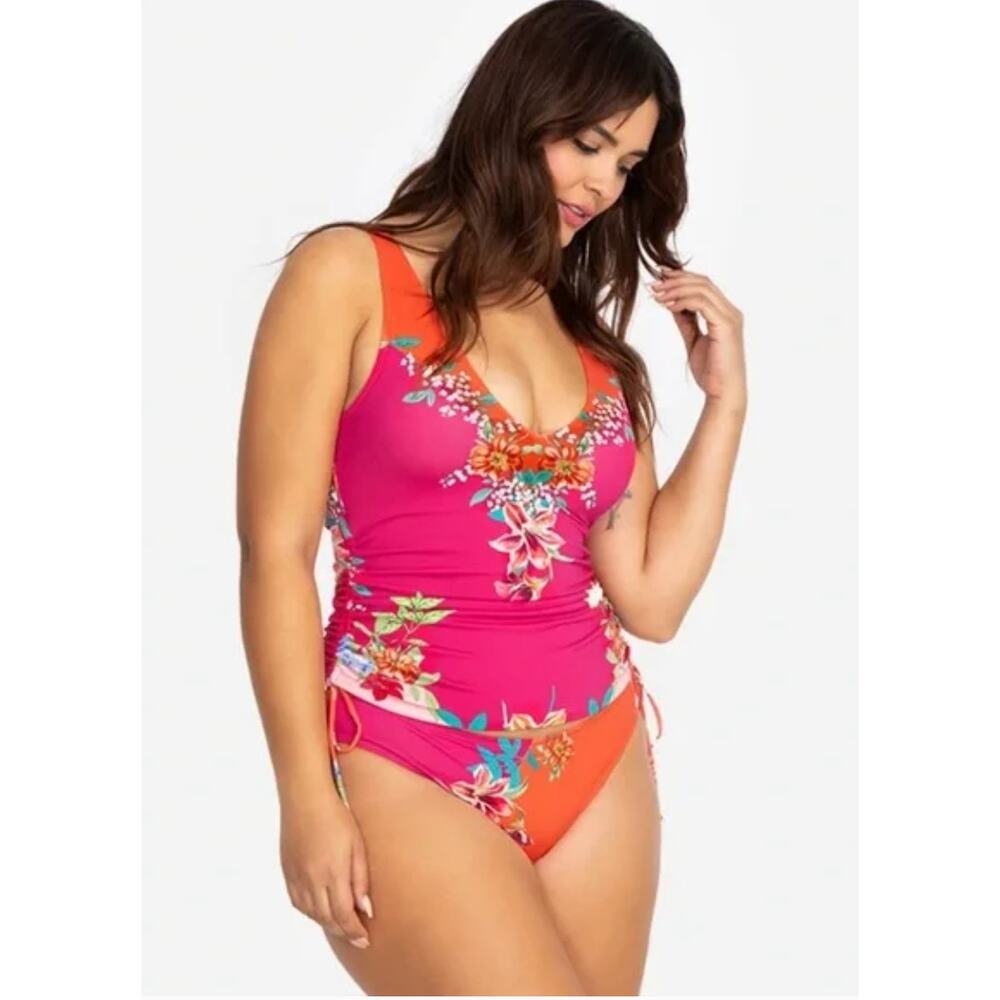 Johnny Was Lucy Tie Tankini Top 3X Floral Drawstring Swim NWT